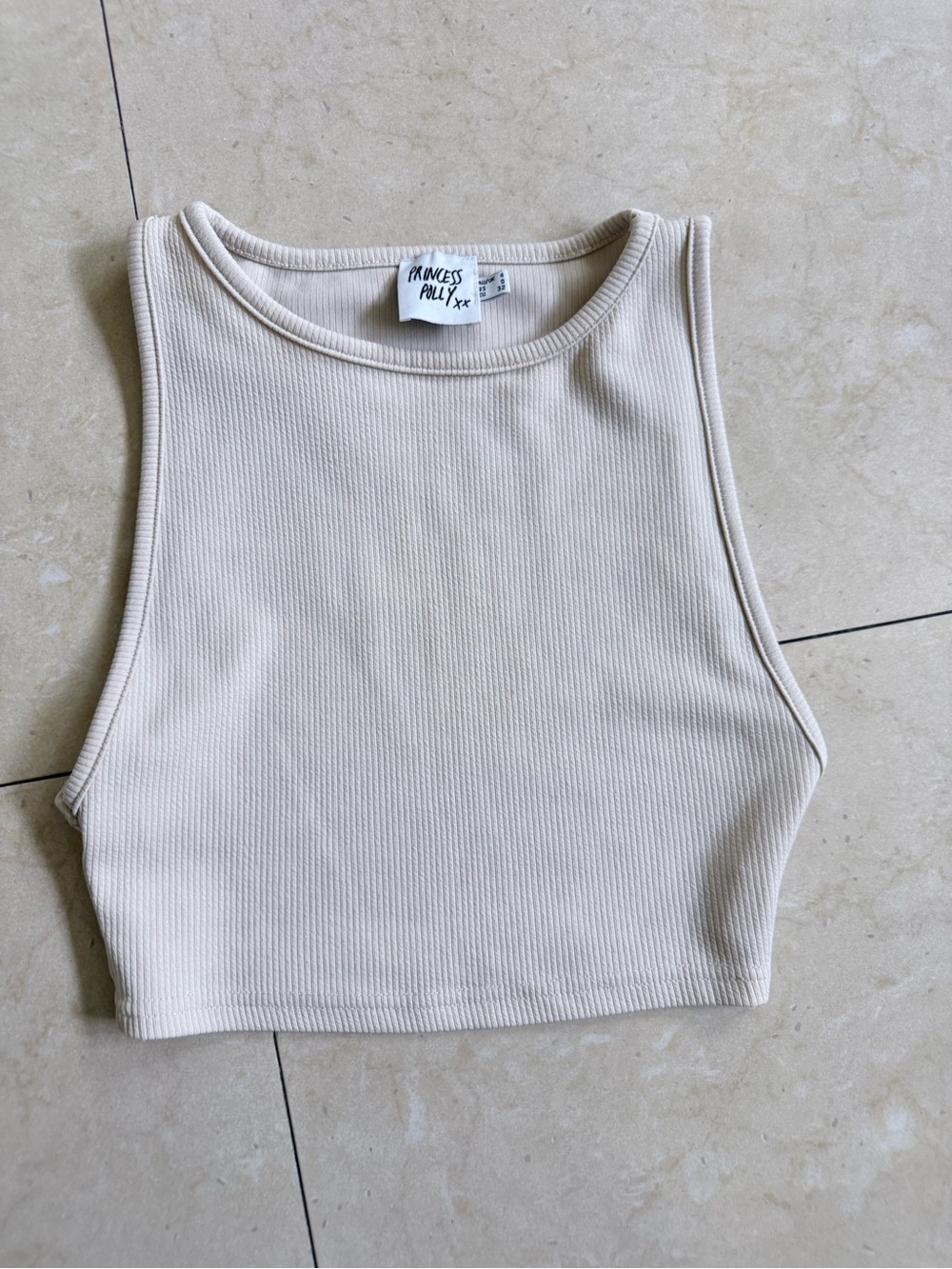Princess Polly Beige Ribbed High-Neck Crop Tank